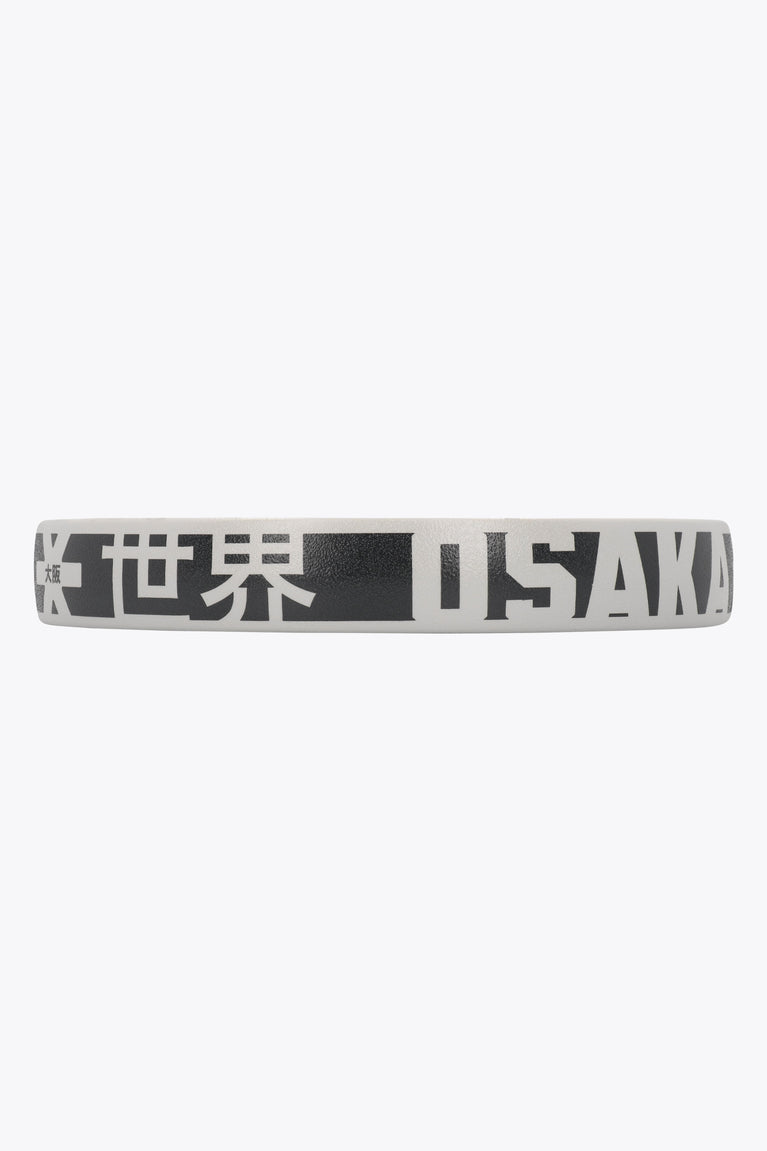 Osaka vision padel racket black and white with logo in grey. Detail side logo view