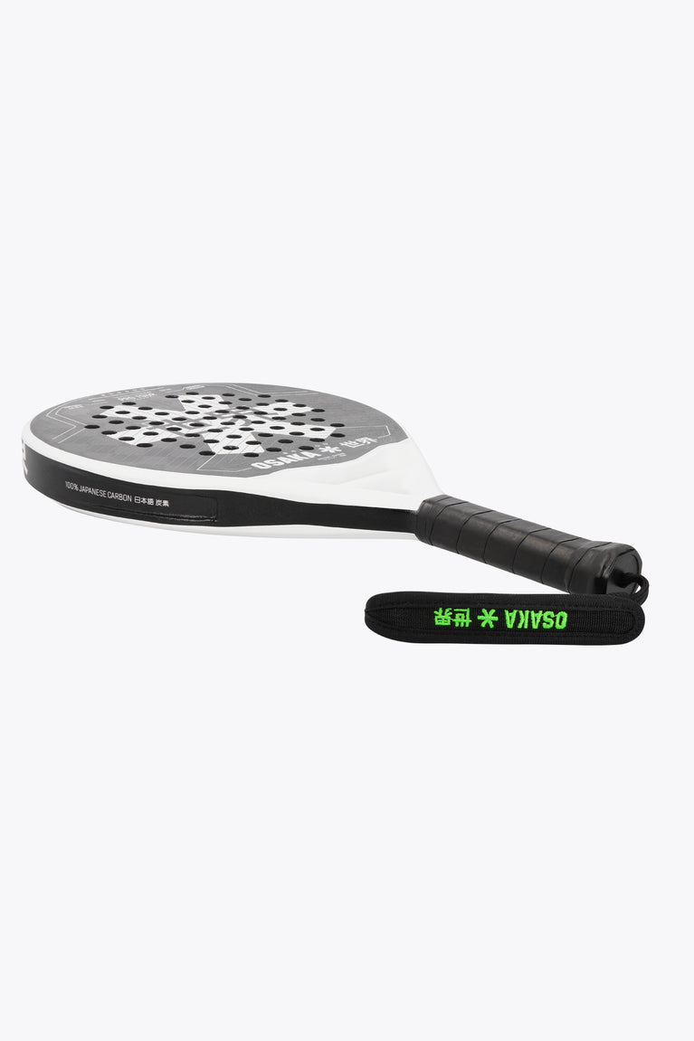 Osaka pro tour padel racket white and black with logo in white. Side view
