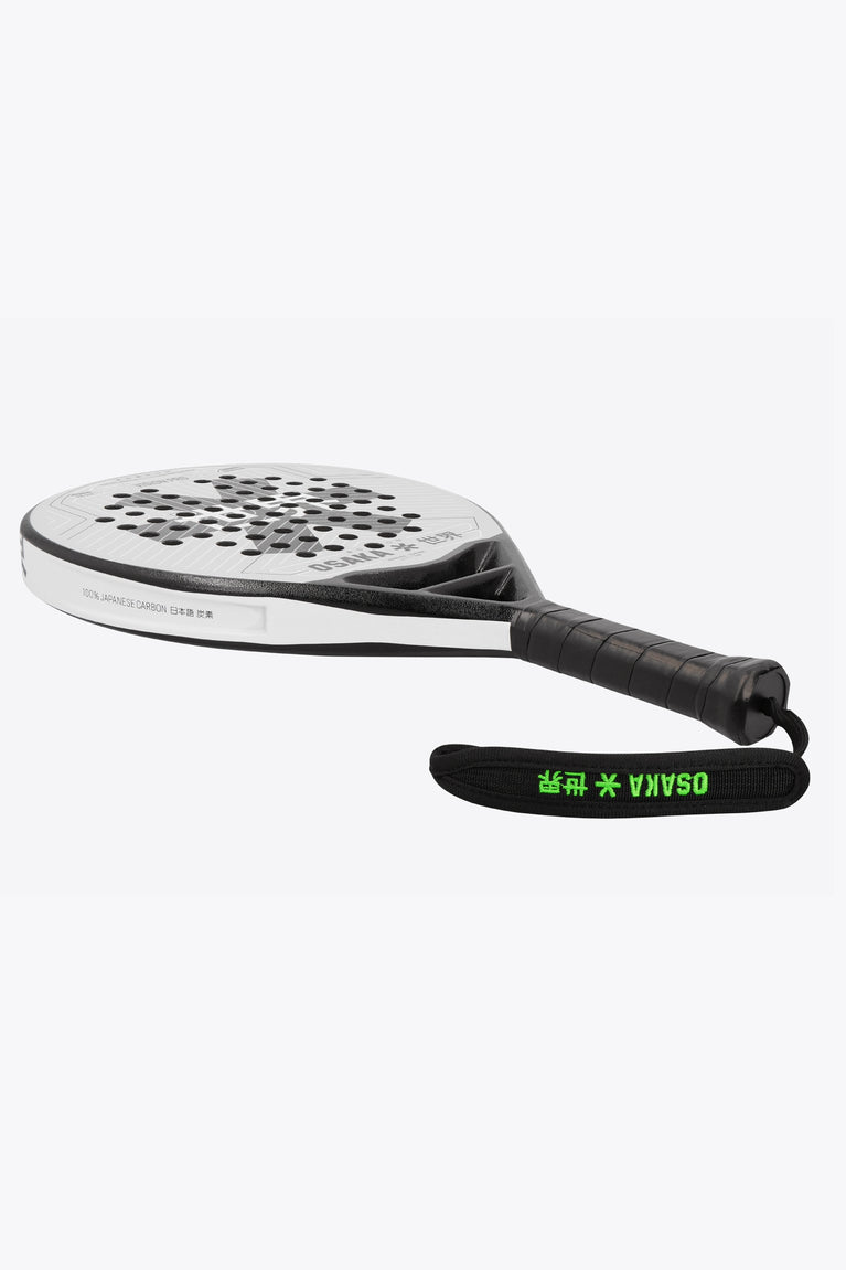 Osaka vision aero padel racket in white with logo in black. Side view