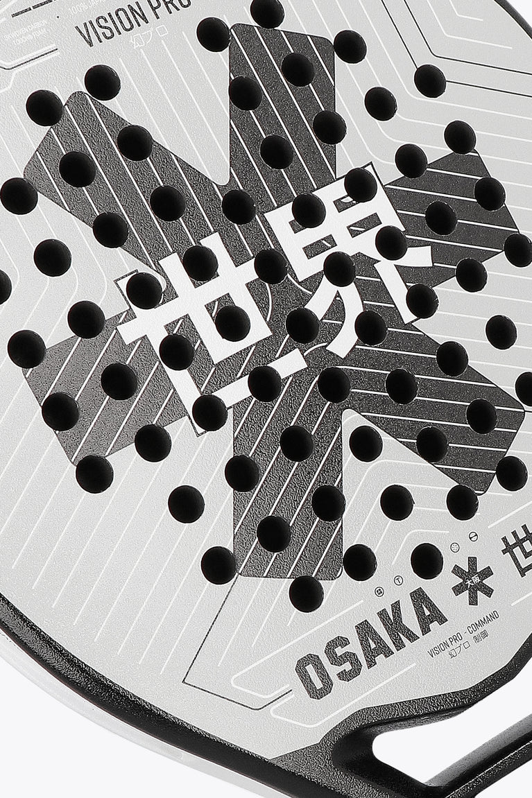 Osaka vision aero padel racket in white with logo in black. Detail logo view