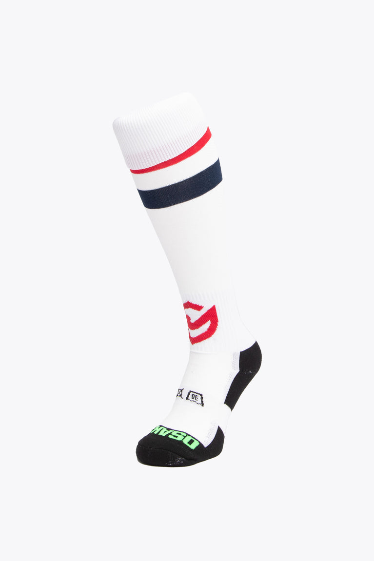 Roeselare Rangers Field Hockey Socks in white with Osaka logo in green. Front view