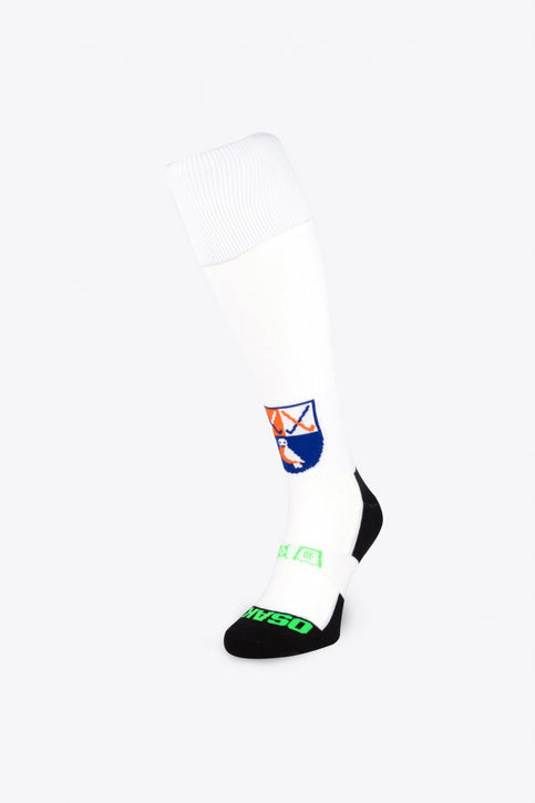 HC Bloemendaal Field Hockey Socks in white with Osaka logo in green. Front view