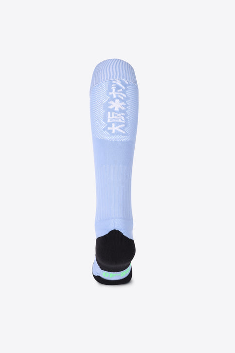 HC Bloemendaal Field Hockey Socks in sky blue with Osaka logo in green. Front view
