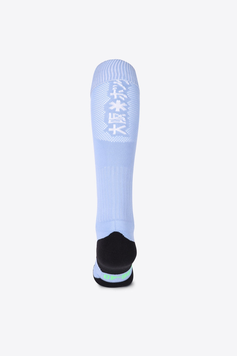 HC Bloemendaal Field Hockey Socks in sky blue with Osaka logo in green. Back view