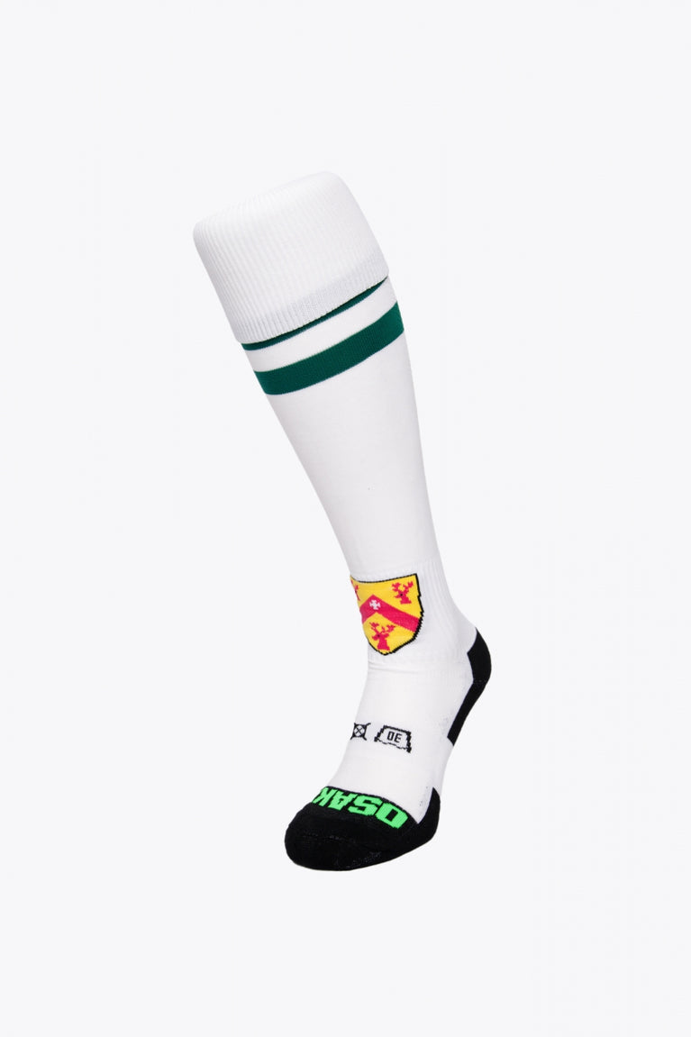 Cannock Field Hockey Socks in white with Osaka logo in green. Front view