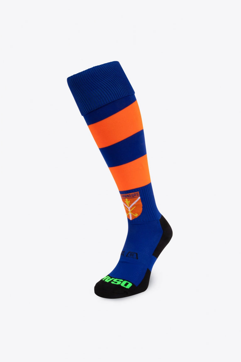 HC Ypenburg Field Hockey Socks in blue and orange with Osaka logo in green. Front view