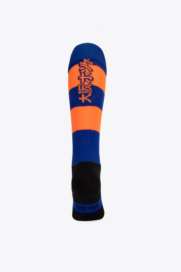 HC Ypenburg Field Hockey Socks in blue and orange with Osaka logo in green. Back view