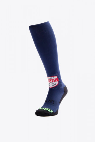 <tc>HC Knokke</tc> HC Knokke Field Hockey Socks in navy with Osaka logo in green. Front view