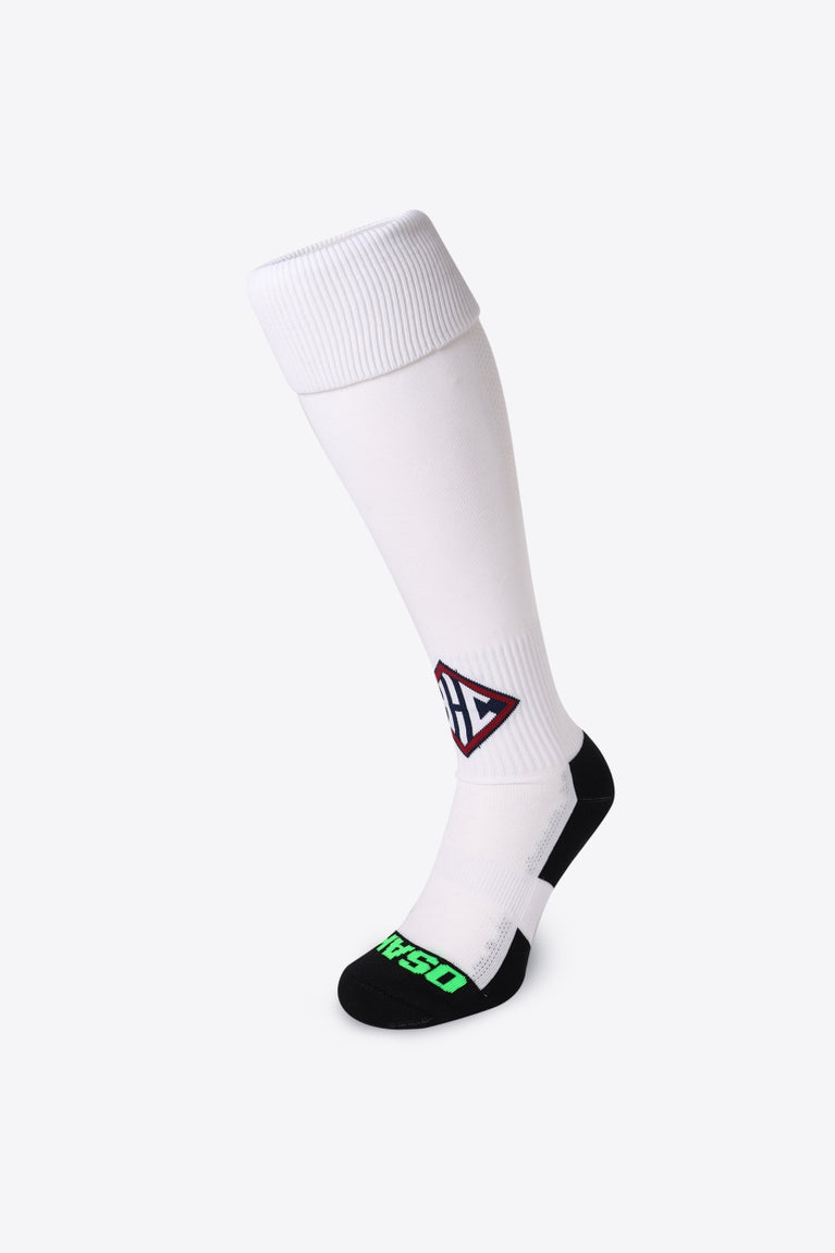 Herakles Field Hockey Socks in white with Osaka logo in green. Front view