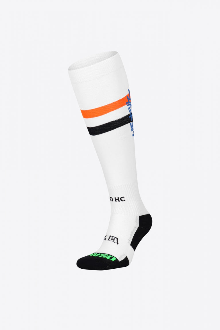 Iluro Field Hockey Socks in white with Osaka logo in green. Front view