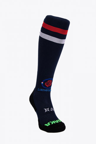 Luxembourg Field Hockey Socks in navy with Osaka logo in green. Front view