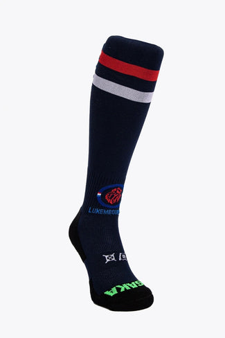 <tc>Luxembourg</tc> Luxembourg Field Hockey Socks in navy with Osaka logo in green. Front view
