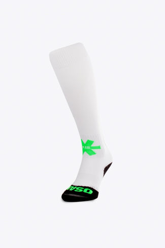 Osaka Field Hockey Socks in white with Osaka logo in green. Front view