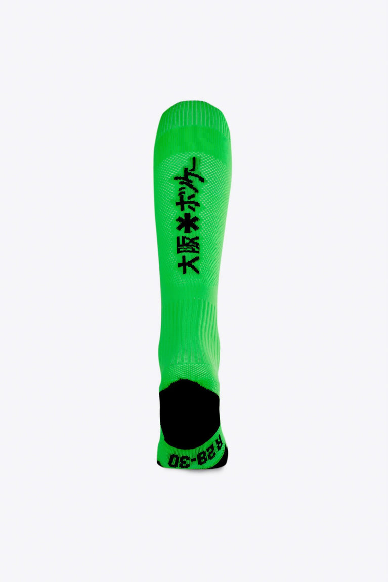 Osaka Field Hockey Socks fluo green with Osaka logo in green. Back view 