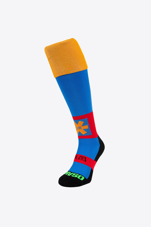 Osaka Field Hockey Socks in primary colours with Osaka logo in green. Front view