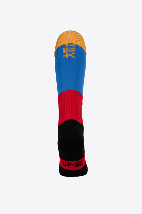 Osaka Field Hockey Socks in primary colours with Osaka logo in green. Front view
