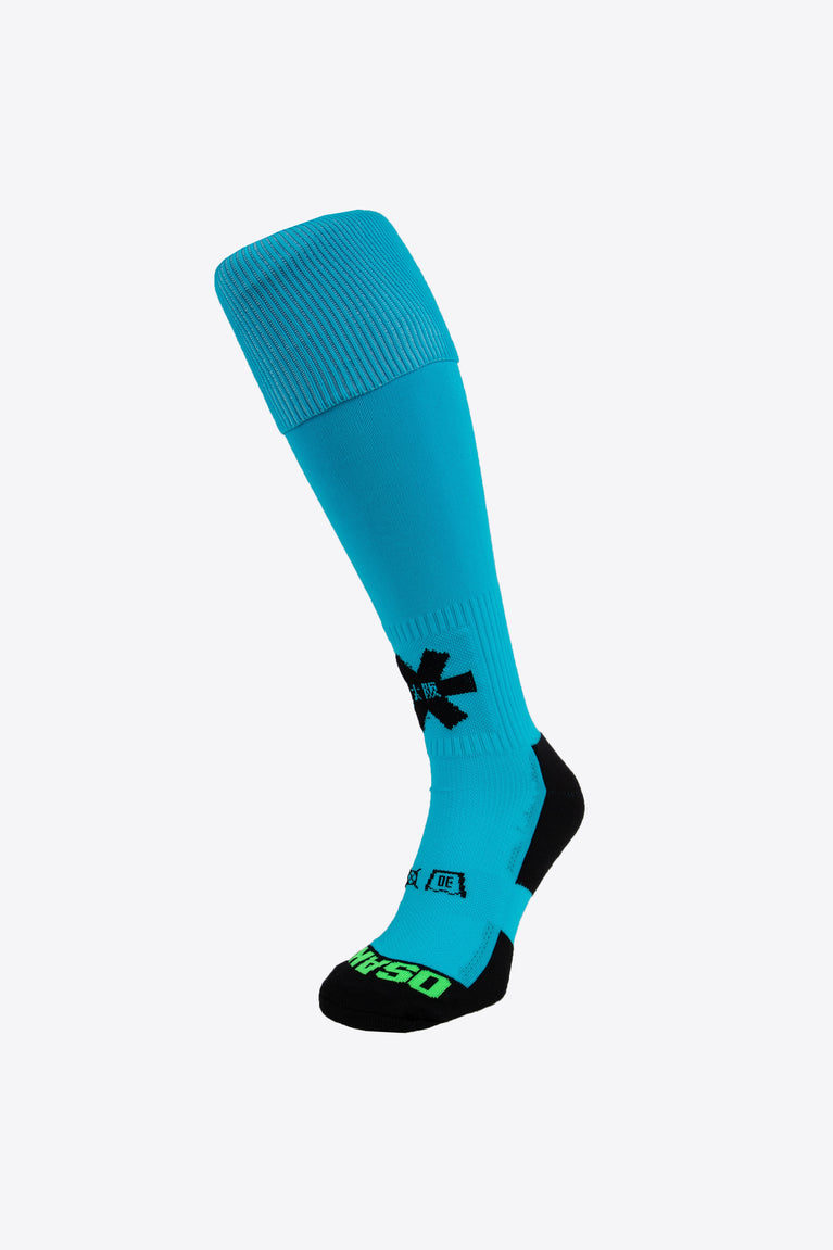 Osaka Field Hockey Socks in turquoise with Osaka logo in green. Front view