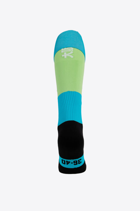 Osaka Field Hockey Socks in neo mint and turquoise with Osaka logo in green. Front view