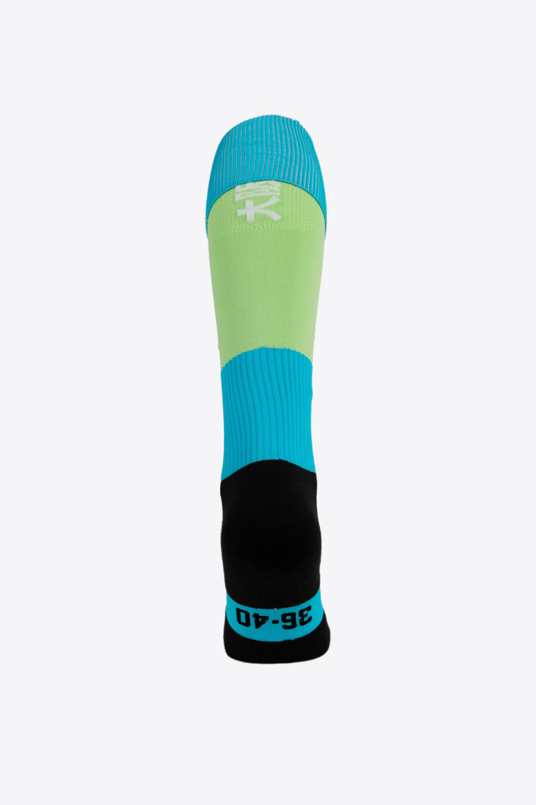 Osaka Field Hockey Socks in neo mint and turquoise with Osaka logo in green. Back view