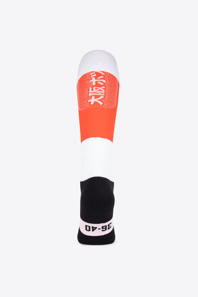 Osaka Field Hockey Socks orange with Osaka logo in white. Back view 