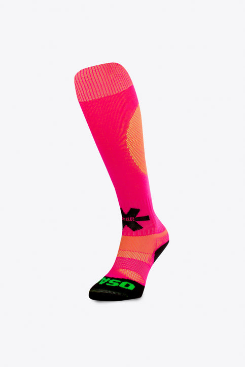 Osaka Field Hockey Socks in pink and yellow with Osaka logo in green. Front view