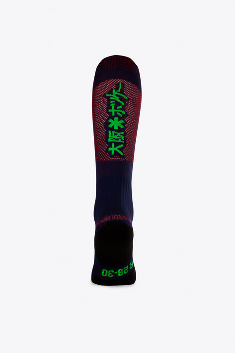 Osaka Field Hockey Socks in navy and red with Osaka logo in green. Front view