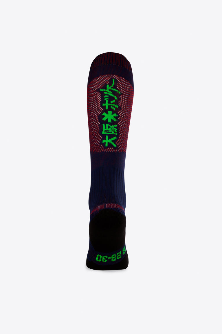 Osaka Field Hockey Socks in navy and red with Osaka logo in green. Back view
