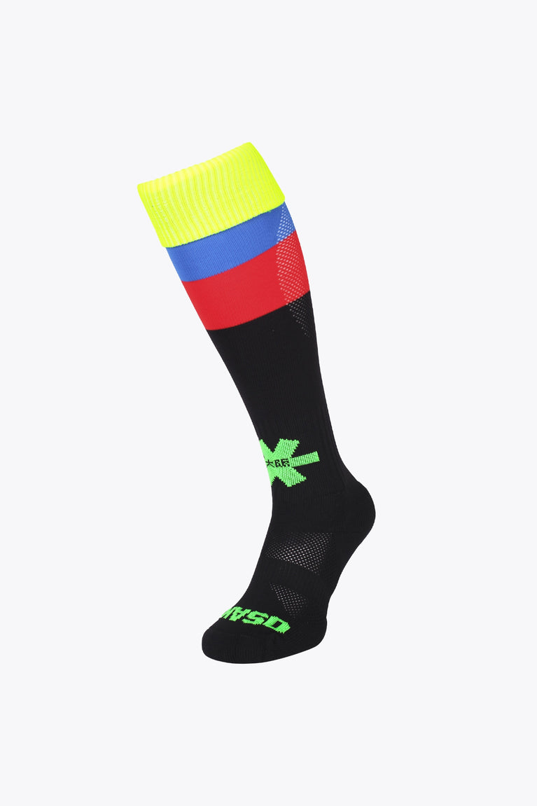 Osaka Field Hockey Socks fluo yellow, red and blue with Osaka logo in green. Front view 