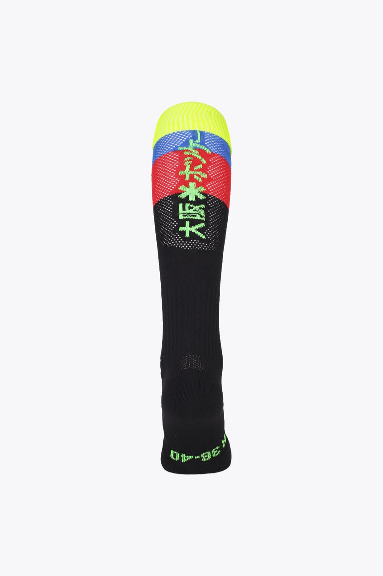 Osaka Field Hockey Socks fluo yellow, red and blue with Osaka logo in green. Back view 