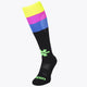 Osaka Field Hockey Socks fluo yellow, purple and blue with Osaka logo in green. Front view 