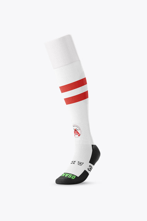 Linkebeek Field Hockey Socks in white and red with Osaka logo in green. Front view