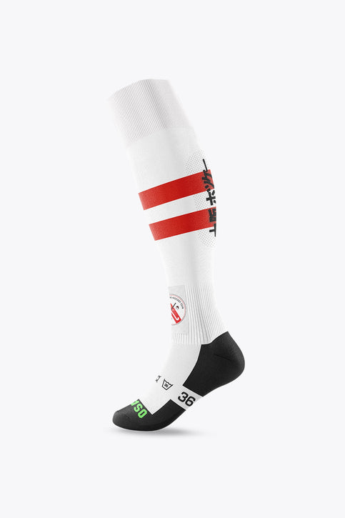 Linkebeek Field Hockey Socks in white and red with Osaka logo in green. Front view