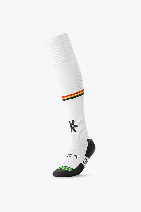 White field hockey socks with Belgium-style stripe band and black printed foot