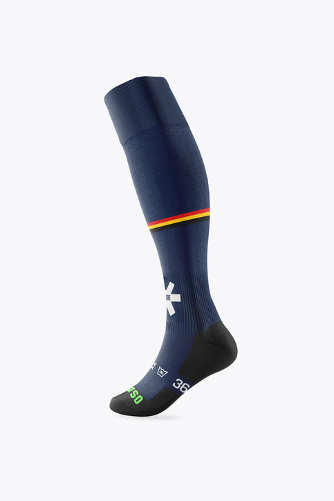 Navy field hockey socks with ribbed cuff, multicolor stripe band, crest on shin