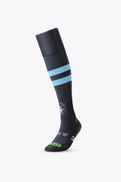 MHC Forescate field hockey socks, navy with light blue stripe band at mid-calf