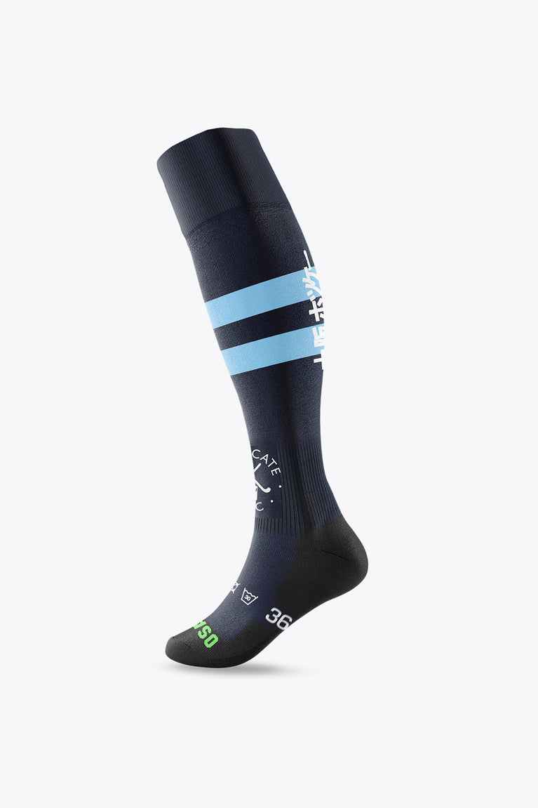 MHC Forescate field hockey socks in navy with light blue stripe and green size print