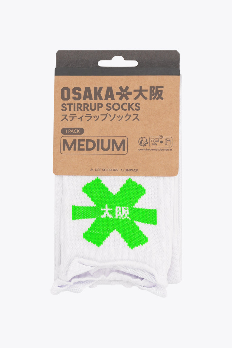 White Osaka hockey stirrup socks in kraft cardboard packaging