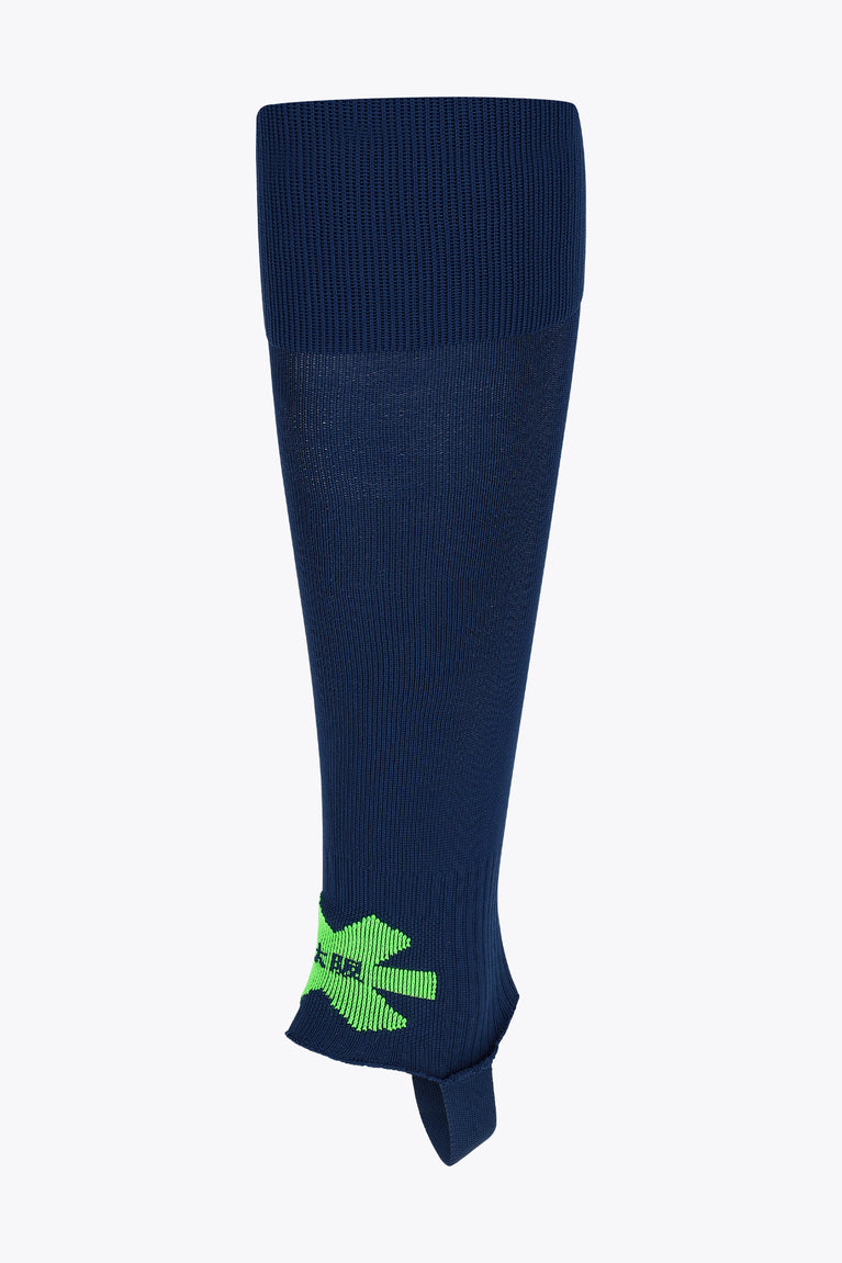 Navy Osaka hockey stirrup sock, side view with green Osaka logo at the ankle
