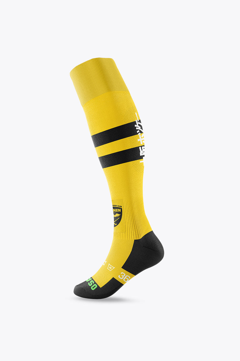 Yellow field hockey socks with black mid-calf stripes and club crest on front