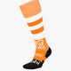 Orange field hockey crew socks with white stripes and black toe and heel
