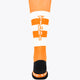 Orange field hockey crew socks with white bands, orange logo, and black foot base