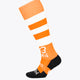 Orange field hockey crew socks with white stripes, orange graphic, and black heel