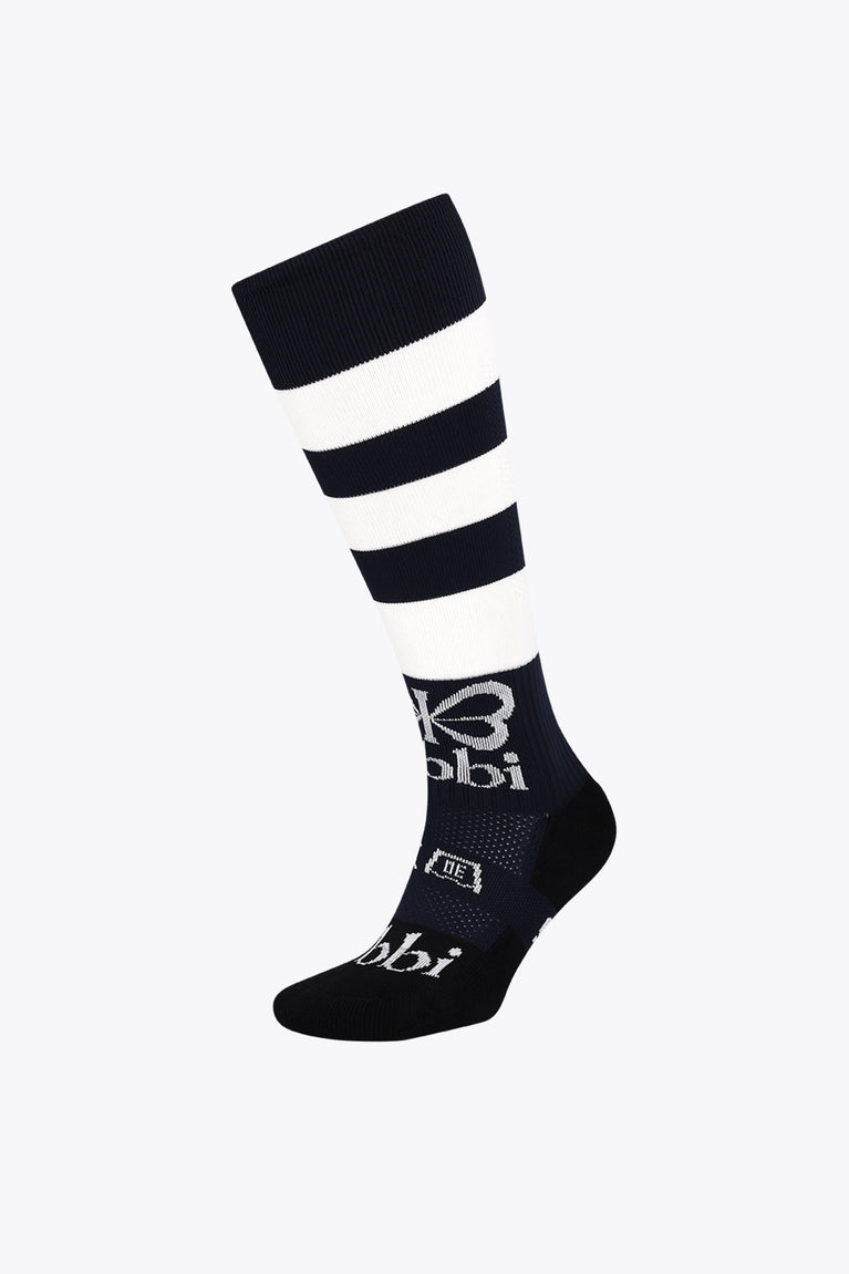 Yibbi field hockey socks in navy with white stripes and branded logo cuff
