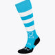 Yibbi field hockey socks in light blue with white stripes and black heel/toe