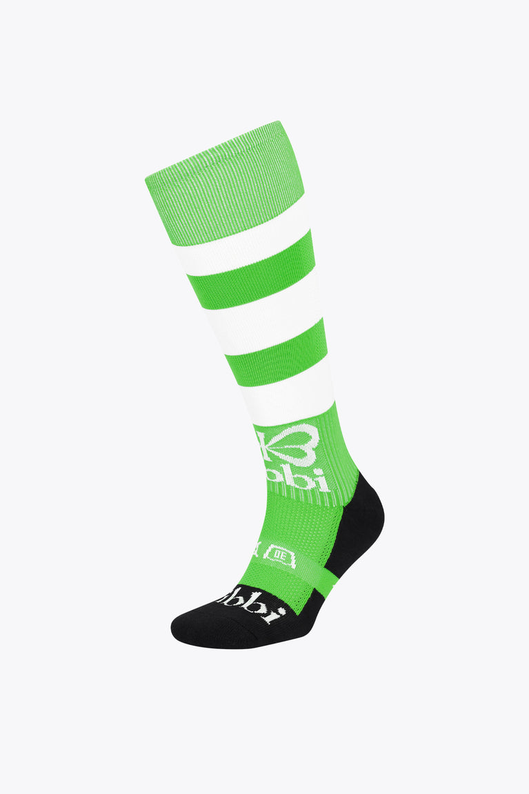 Fluo green field hockey socks with white stripes and black toe, Yibbi logo