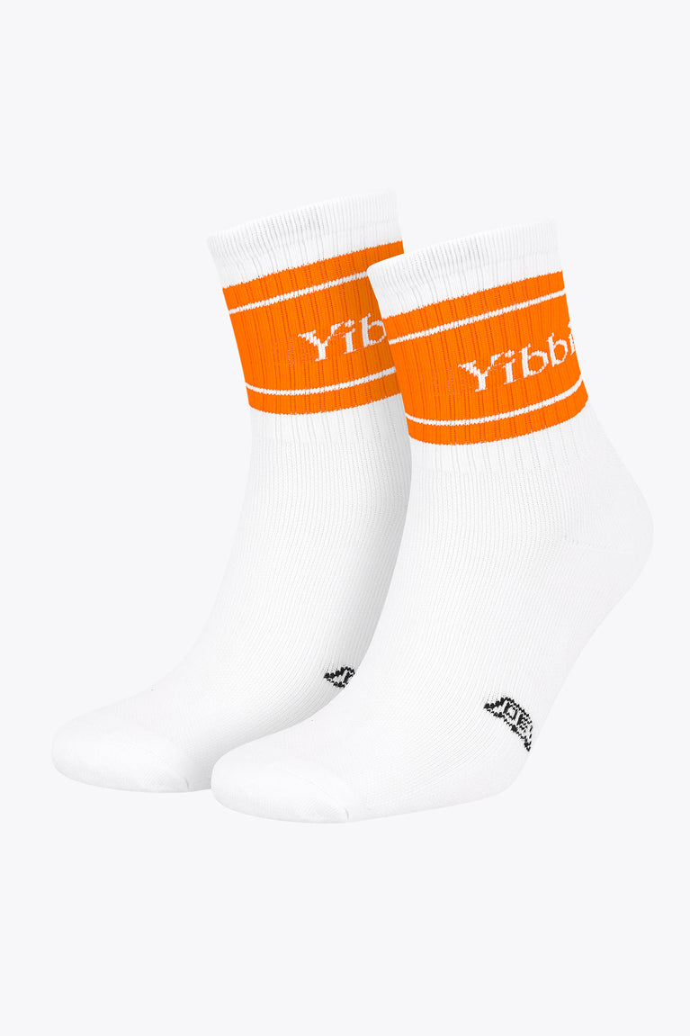 Orange sport socks with white ribbed cuff stripes and Yibbi logo