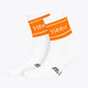 Pair of orange sport socks with white cuff stripes and Yibbi lettering