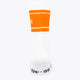 Single orange sport sock with white cuff stripes and printed size text