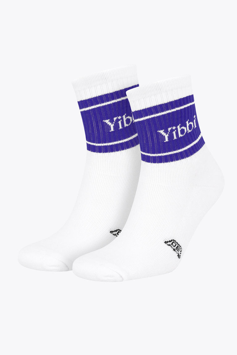White sport socks with purple striped cuffs and Yibbi branding