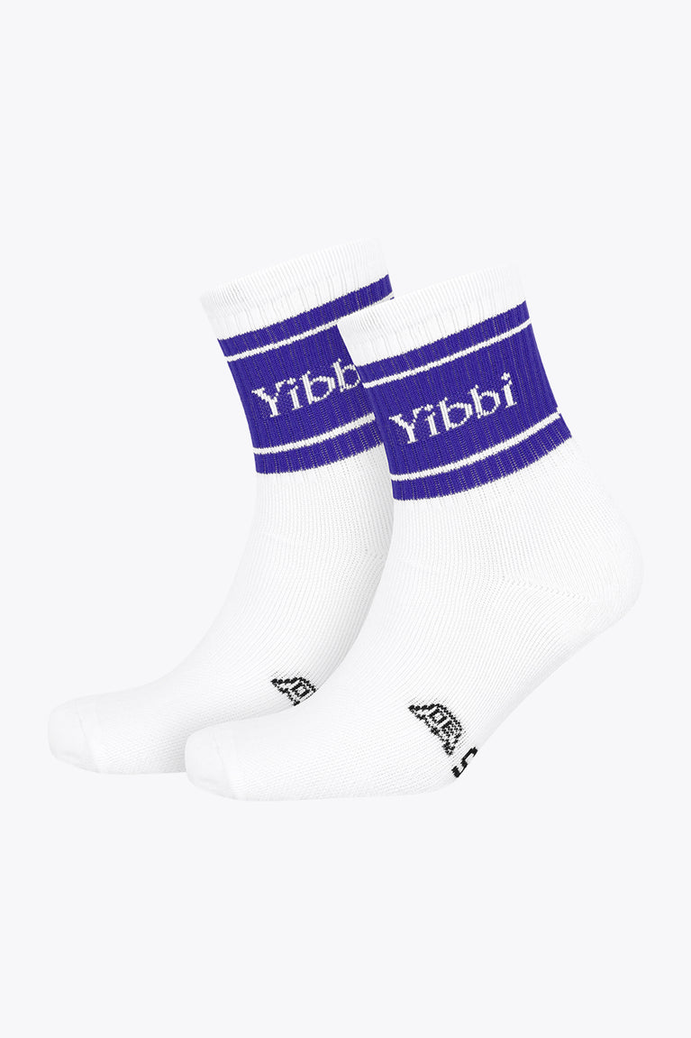 White sport socks with purple cuff stripes and small embroidered icons